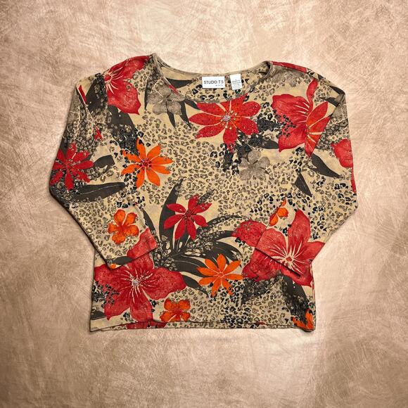Vintage 90s Studio T's Chicos Animal Print Floral Beaded 3/4 Sleeve Boho Euro - Picture 7 of 7